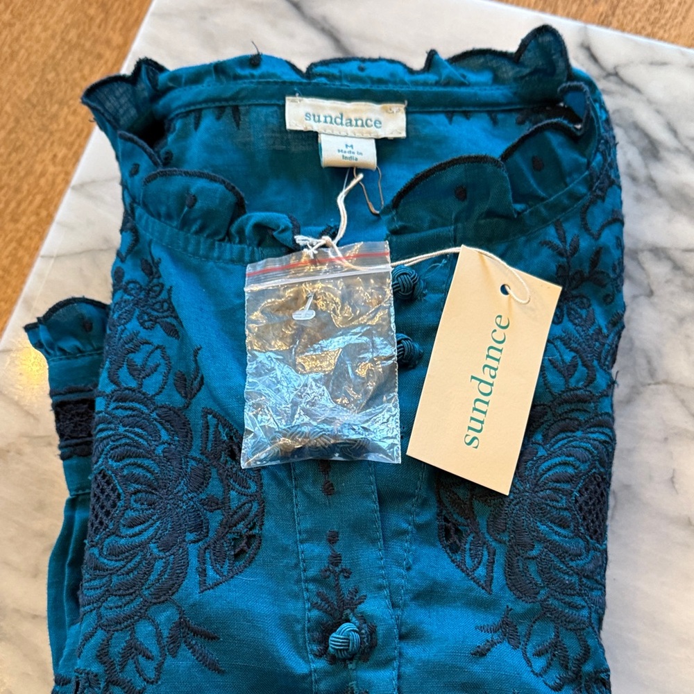 Sundance Teal & Black Floral Button-Front Blouse - Picture 10 of 11